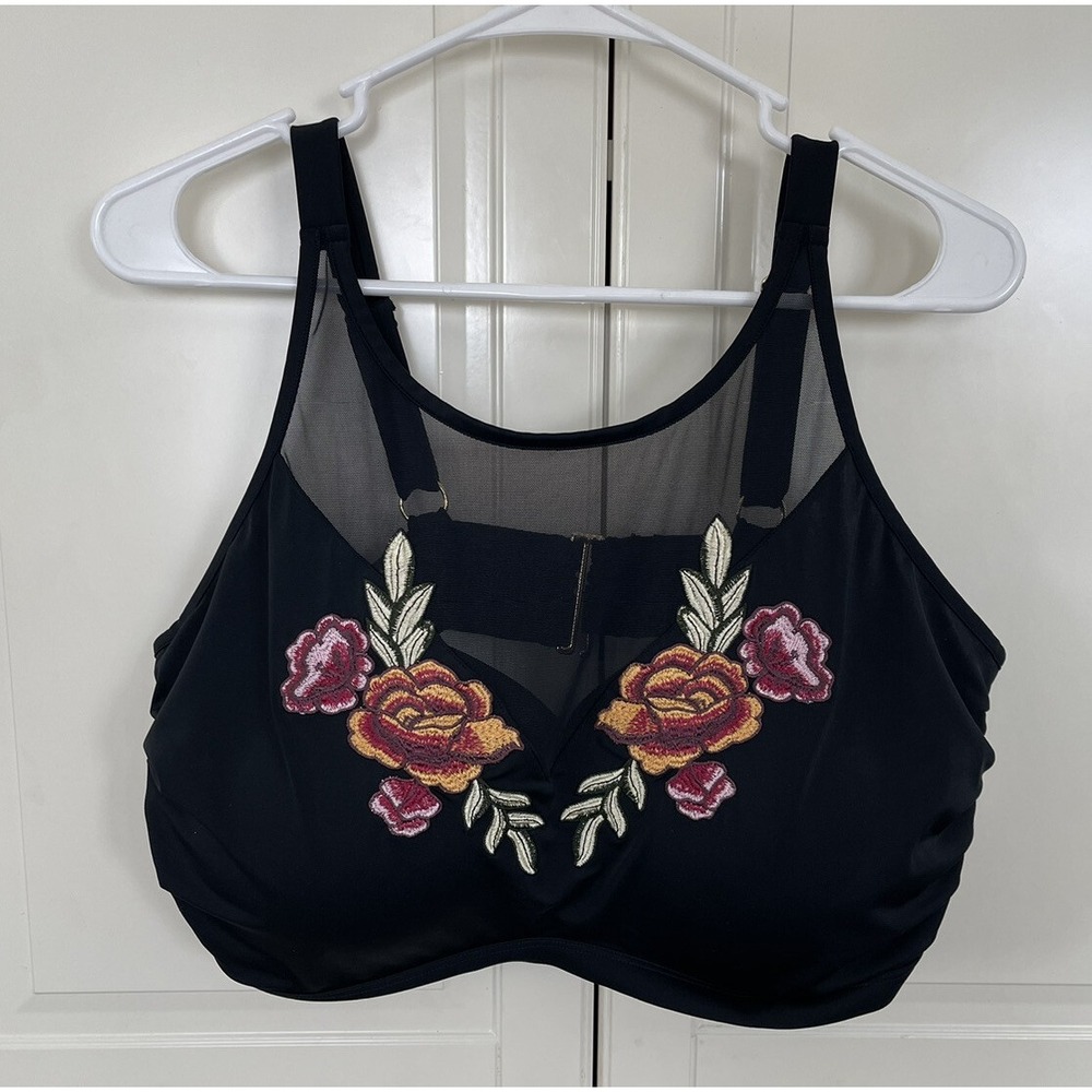 Womens Boutique Brand Swim Top 1X Black Push Up Mesh Front
